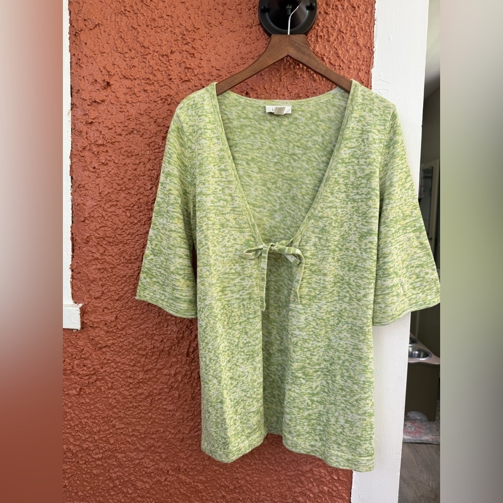 Ann Taylor Loft Tie Front Cardigan 100% Cotton Size XS Yellow/Green 3/4 Sleeve